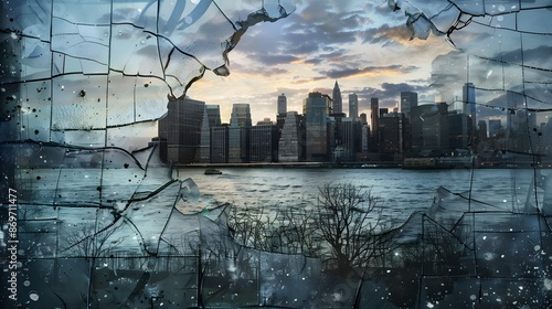 Cracked Window with Urban Skyline: A cracked window with an urban skyline visible through the breaks, blending nature and city.
