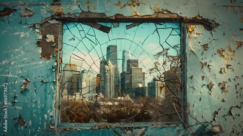 Cracked Window with Urban Skyline: A cracked window with an urban skyline visible through the breaks, blending nature and city.
