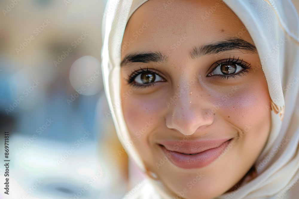 A close-up captures a young Muslim woman wearing a hijab, smiling warmly. Her expression radiates kindness and positivity, embodying a sense of grace and confidence in her cultural identity A close-up captures a young Muslim woman wearing a hijab, smiling warmly. Her expression radiates kindness and positivity, embodying a sense of grace and confidence in her cultural identity