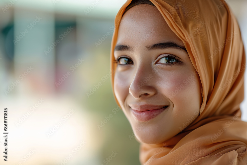 A close-up captures a young Muslim woman wearing a hijab, smiling warmly. Her expression radiates kindness and positivity, embodying a sense of grace and confidence in her cultural identity A close-up captures a young Muslim woman wearing a hijab, smiling warmly. Her expression radiates kindness and positivity, embodying a sense of grace and confidence in her cultural identity