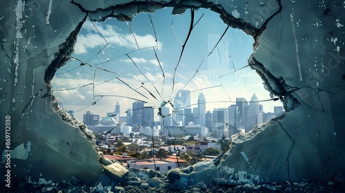 Cracked Window with Urban Skyline: A cracked window with an urban skyline visible through the breaks, blending nature and city.

