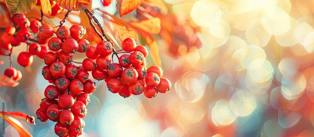 Close-up of red rowan berries and leaves on a branch in autumn, with sour yet vitamin C-rich berries, against a blurred background with selective focus and ample copy space image. Close-up of red rowan berries and leaves on a branch in autumn, with sour yet vitamin C-rich berries, against a blurred background with selective focus and ample copy space image.