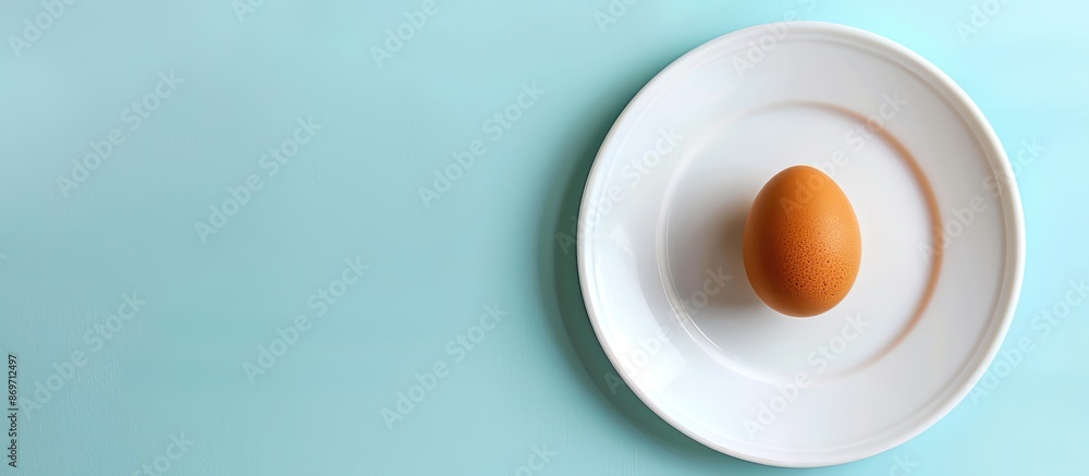 A brown egg placed on a white plate against a blue backdrop with ample copy space image. A brown egg placed on a white plate against a blue backdrop with ample copy space image.