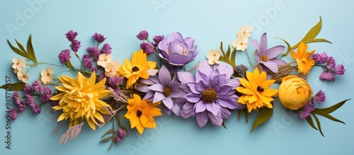 A floral arrangement with yellow and purple flowers set on a soft blue backdrop, symbolizing spring and Easter, presented as a flat lay with a top view and room for text or images