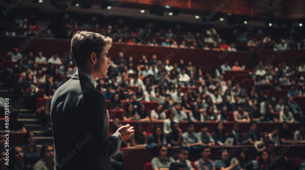 A professional speaker in a suit addresses a large, attentive audience in an auditorium. A professional speaker in a suit addresses a large, attentive audience in an auditorium.