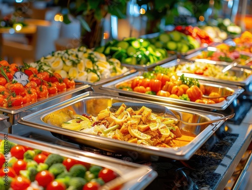 lavish culinary buffet with diverse gourmet dishes vibrant colors and elegant presentation soft lighting luxurious setting variety of textures appetizing closeups celebratory ambiance
