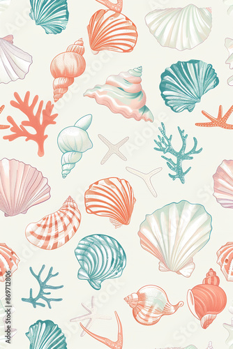 Wallpaper Mural A seamless pattern with colorful seashells, their intricate designs rendered in soft pastel hues against an off-white background Torontodigital.ca