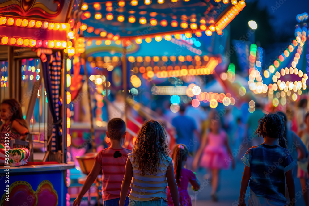 A vibrant carnival scene depicts children joyfully enjoying rides, playing games, and indulging in cotton candy A vibrant carnival scene depicts children joyfully enjoying rides, playing games, and indulging in cotton candy