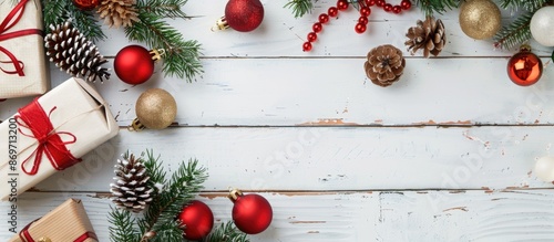 Festive Christmas gifts placed on a white wooden table with decorations, creating a New Year's composition with copy space image. photo