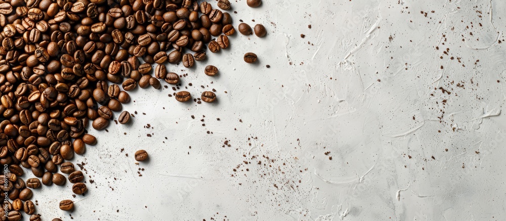 Brown coffee beans set against a white concrete texture background, shot from above, offering ample copy space image. Brown coffee beans set against a white concrete texture background, shot from above, offering ample copy space image.