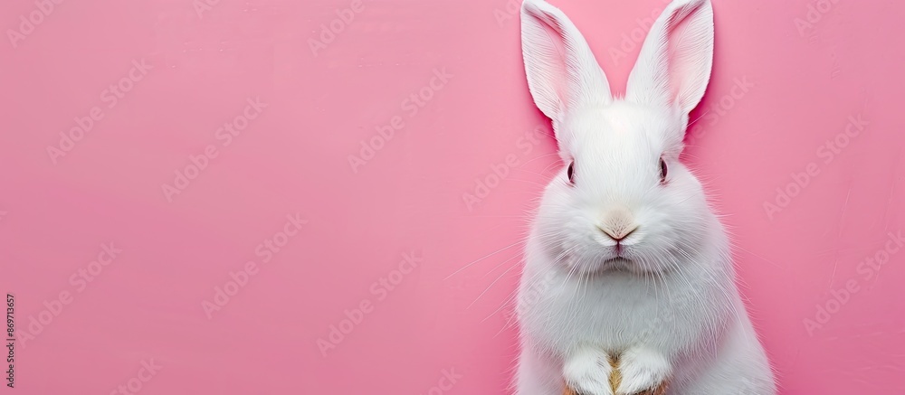 Obraz premium Easter symbol: white rabbit on pink background with copy space image.