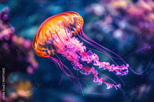 Captured in exquisite detail, a jellyfish with vibrant pink and orange hues floats gracefully in an aquarium. Its delicate tendrils undulate with serene beauty