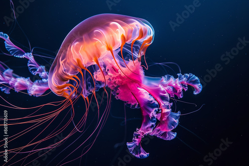 Captured in exquisite detail, a jellyfish with vibrant pink and orange hues floats gracefully in an aquarium. Its delicate tendrils undulate with serene beauty