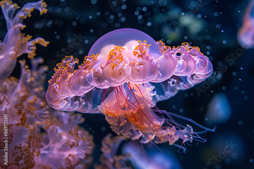 Captured in exquisite detail, a jellyfish with vibrant pink and orange hues floats gracefully in an aquarium. Its delicate tendrils undulate with serene beauty