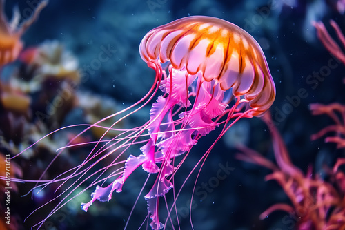 Captured in exquisite detail, a jellyfish with vibrant pink and orange hues floats gracefully in an aquarium. Its delicate tendrils undulate with serene beauty