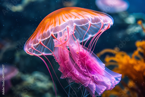 Captured in exquisite detail, a jellyfish with vibrant pink and orange hues floats gracefully in an aquarium. Its delicate tendrils undulate with serene beauty