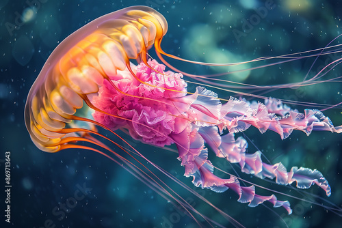 Captured in exquisite detail, a jellyfish with vibrant pink and orange hues floats gracefully in an aquarium. Its delicate tendrils undulate with serene beauty