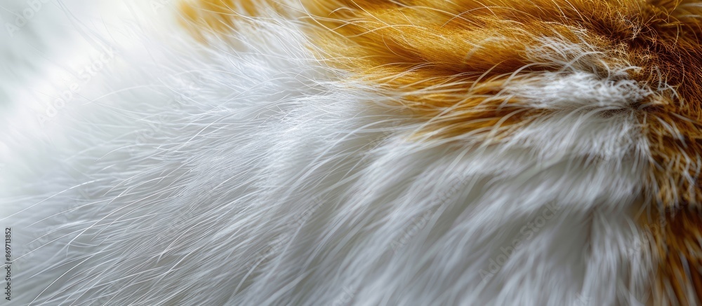 Detailed close-up of a domestic shorthair cat's white and yellow fur with a striped pattern skin, ideal for background with space for text. Detailed close-up of a domestic shorthair cat's white and yellow fur with a striped pattern skin, ideal for background with space for text.