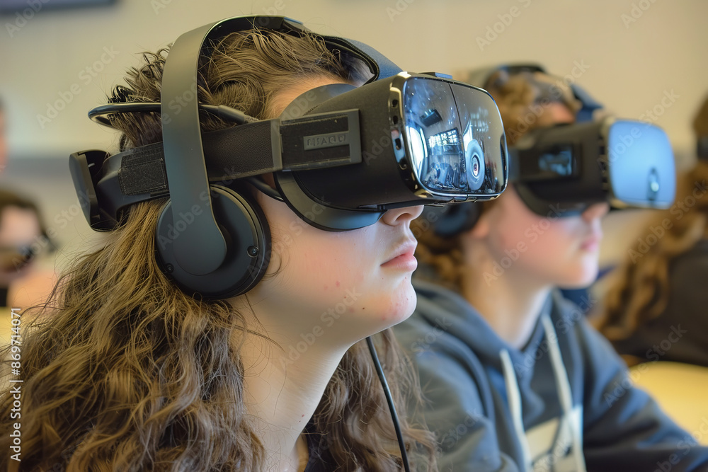 High school students immerse themselves in a virtual reality learning session, exploring ancient civilizations with awe and curiosity High school students immerse themselves in a virtual reality learning session, exploring ancient civilizations with awe and curiosity