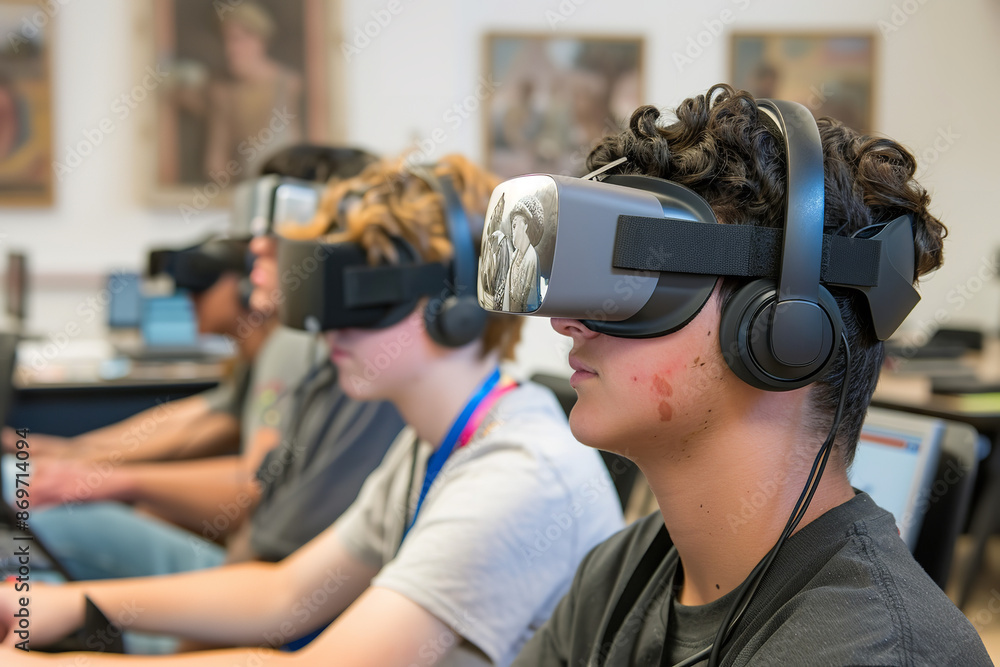 High school students immerse themselves in a virtual reality learning session, exploring ancient civilizations with awe and curiosity High school students immerse themselves in a virtual reality learning session, exploring ancient civilizations with awe and curiosity