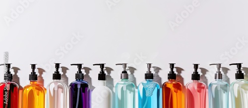 Various shower gel bottles placed against a white backdrop, creating a clean and crisp look with ample copy space image. photo