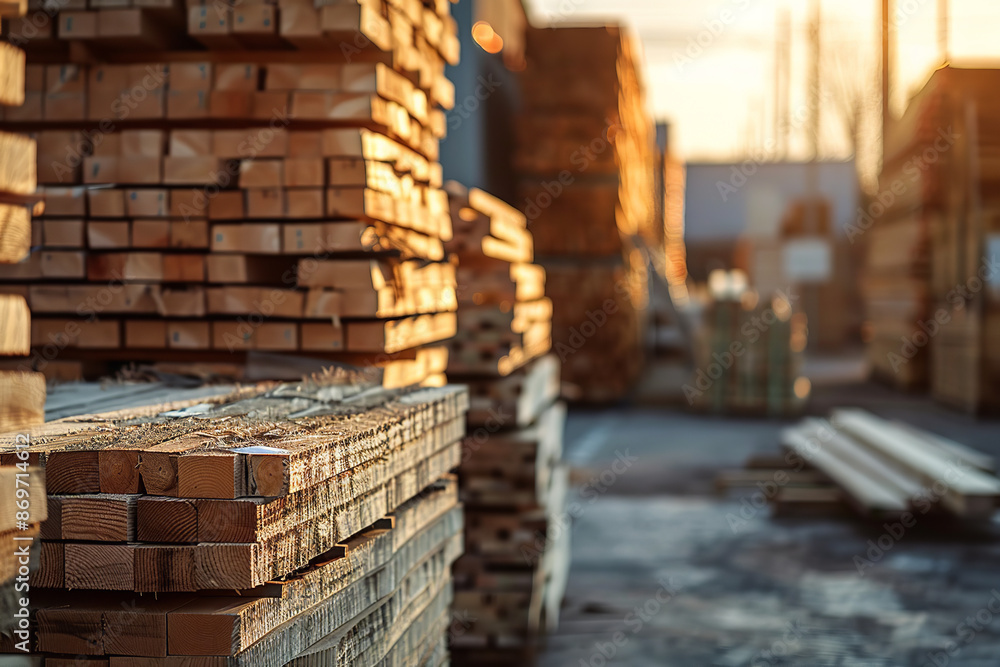 Piles of wooden boards are stacked in a warehouse at a sawmill outdoors. The scene captures the raw materials used for sawing and processing, highlighting the industrial setting of lumber production Piles of wooden boards are stacked in a warehouse at a sawmill outdoors. The scene captures the raw materials used for sawing and processing, highlighting the industrial setting of lumber production