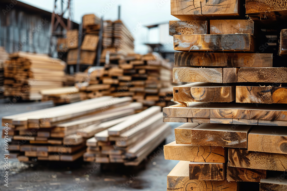 Piles of wooden boards are stacked in a warehouse at a sawmill outdoors. The scene captures the raw materials used for sawing and processing, highlighting the industrial setting of lumber production Piles of wooden boards are stacked in a warehouse at a sawmill outdoors. The scene captures the raw materials used for sawing and processing, highlighting the industrial setting of lumber production
