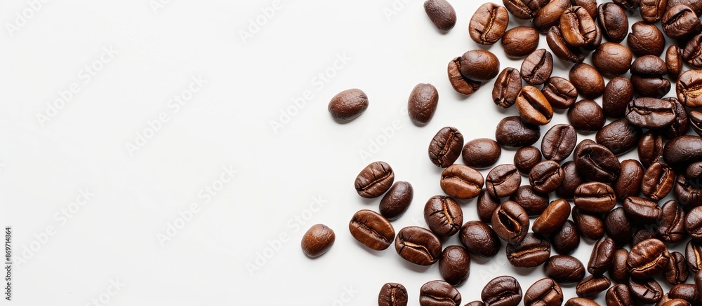 Naklejka premium Close-up of roasted coffee beans on a white background with copy space image.