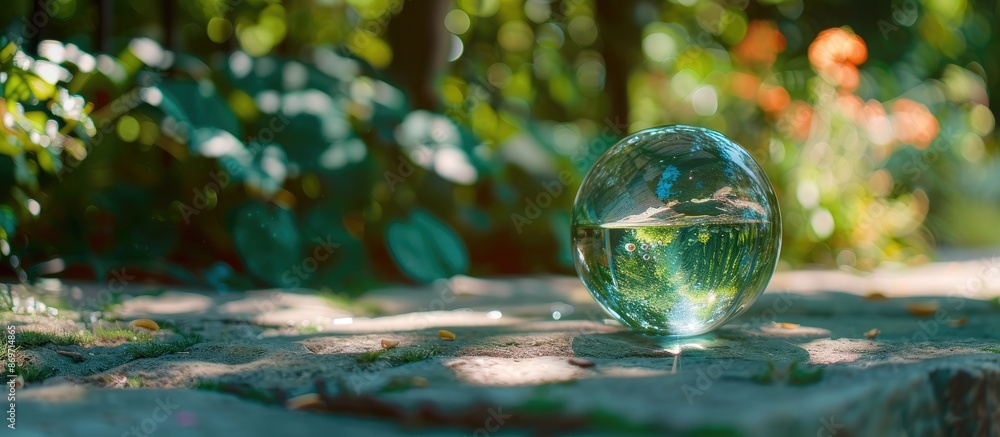 Glass globe in the garden creating a green and eco-friendly setting with copy space image. Glass globe in the garden creating a green and eco-friendly setting with copy space image.