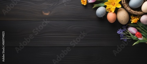 A blog post shared on social media about Easter, with an overhead view featuring copy space. A banner template displaying a happy Easter concept on a black wooden table seen from above. photo