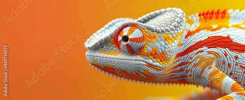 Chameleon with orange, yellow, and white scales is posing on an orange background. Its scales are very detailed and lifelike photo
