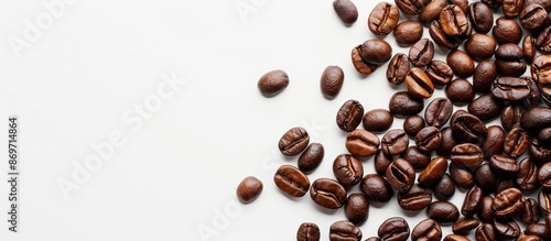 Close-up of roasted coffee beans on a white background with copy space image. photo