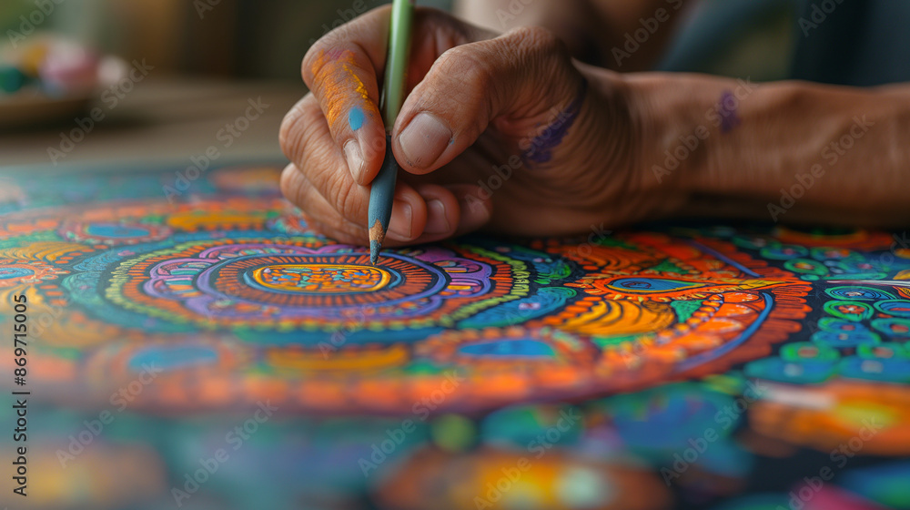 Naklejka premium Close-up of hands drawing a colorful mandala, intricate details with soft lighting, right third copy space