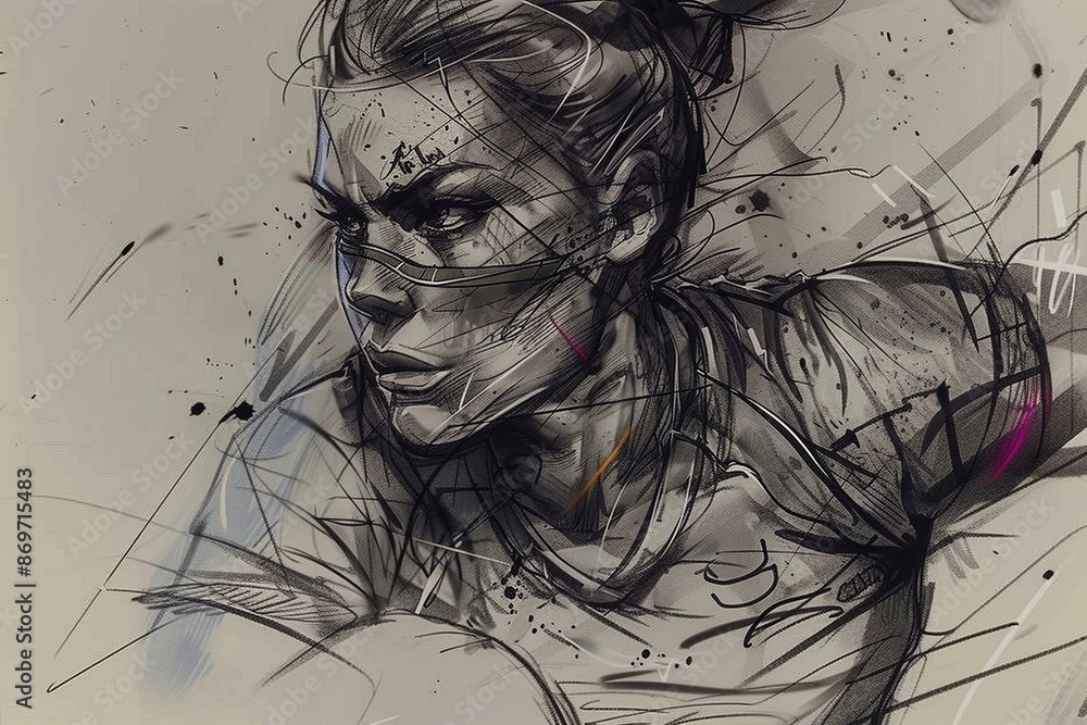 Fototapeta premium A dynamic black and white sketch of a determined female rugby player in mid-stride, with energetic scribbles and gold accents highlighting her movement