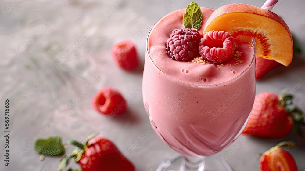 A glass of pink smoothie with raspberries and a slice of orange on top A glass of pink smoothie with raspberries and a slice of orange on top
