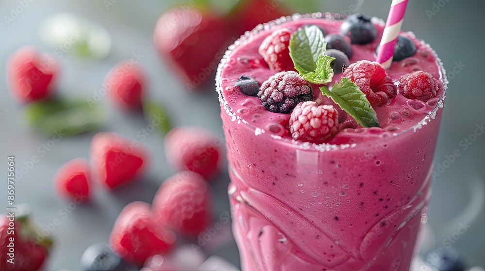 A pink smoothie with blueberries and mint leaves A pink smoothie with blueberries and mint leaves