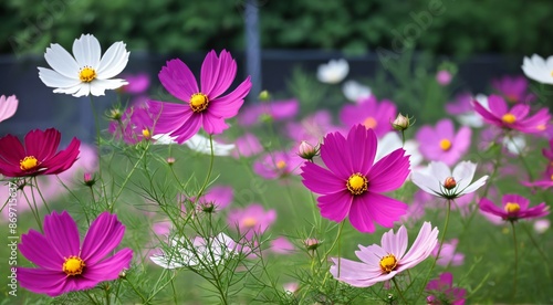 Beautiful pink and white cosmos flowers growing in summer garden