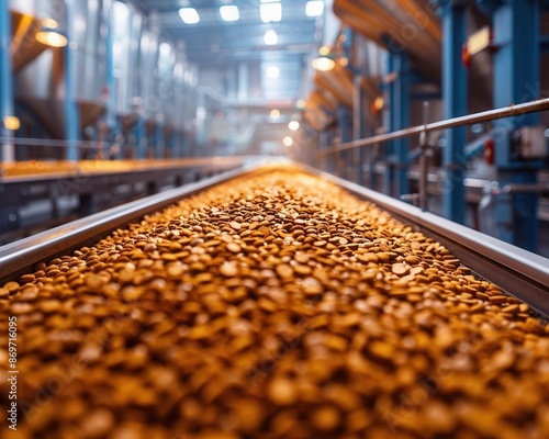 Wideangle shot of a hightech factory floor with machinery producing dry pet food pellets, bright lighting photo