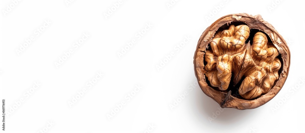 Walnut core on white backdrop with copy space image. Walnut core on white backdrop with copy space image.