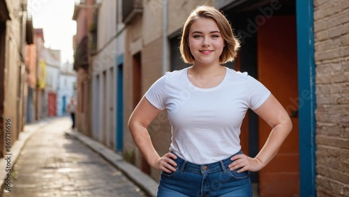 Plus size teenage girl with short hair wearing white t-shirt and blue jeans standing in a city alley