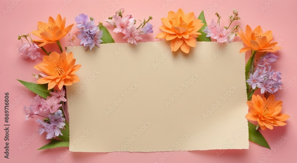 Beautiful floral arrangement framing blank paper on pink background Beautiful floral arrangement framing blank paper on pink background