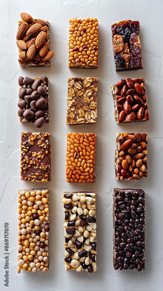 A row of assorted nuts and other snacks are displayed on a white background A row of assorted nuts and other snacks are displayed on a white background