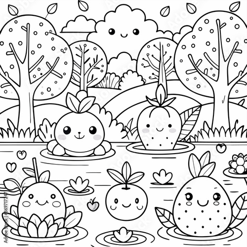 A cute coloring page of fruits playing in a lake with white background and trees and flowers.
