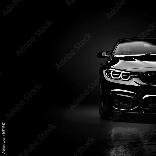 Partial view of a modern car with illuminated headlights on a grey and black gradient background.