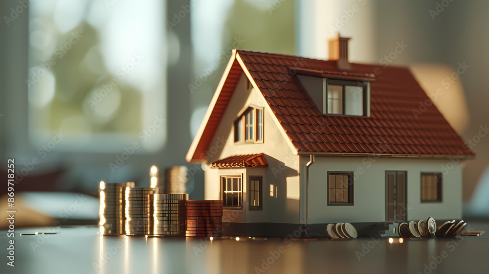 Model house with coins around it Model house with coins around it