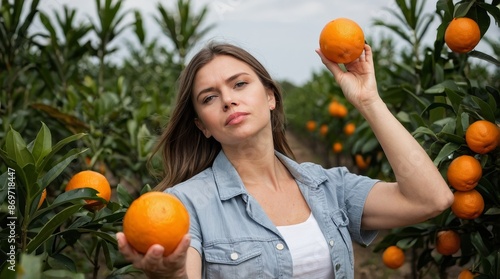 Woman havesting Orange plantation photo