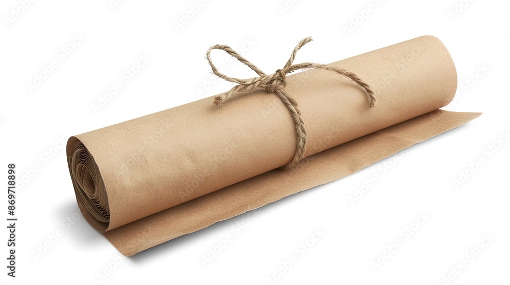 A rolled sheet of white paper tied with twine is positioned against a light gray background A rolled sheet of white paper tied with twine is positioned against a light gray background