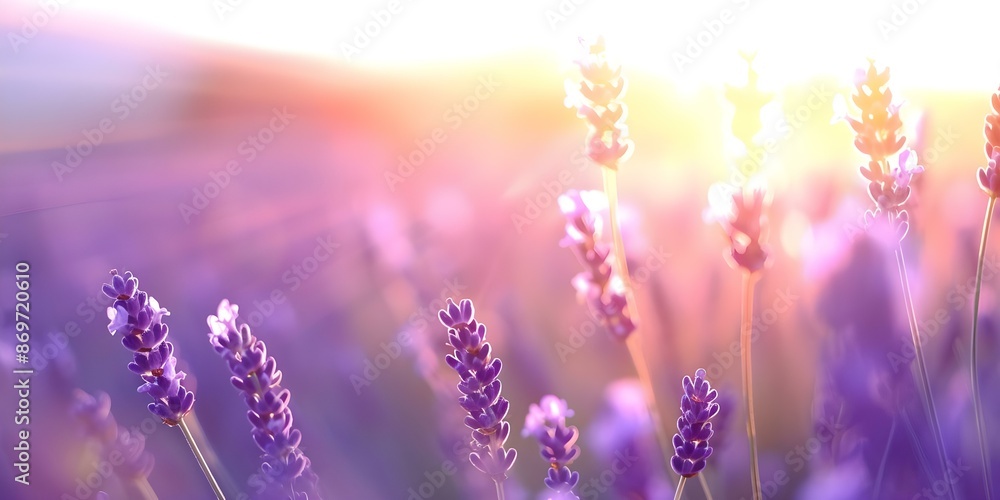 Naklejka premium Tranquil and Serene Golden Sunset Over Lavender Field. Concept Golden Sunset, Lavender Field, Tranquil Setting, Serene Atmosphere