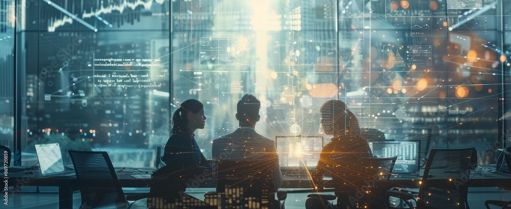 Three business people are sitting in a conference room looking at a futuristic city through the window. Three business people are sitting in a conference room looking at a futuristic city through the window.