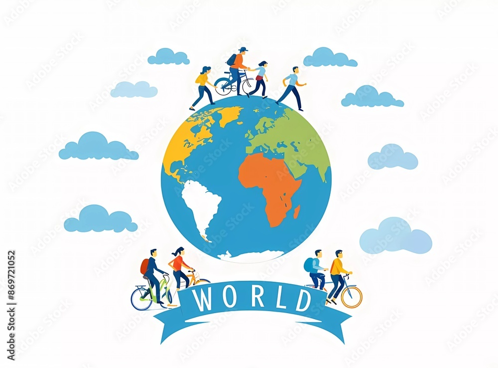 World Health Day vector illustration showing people walking, running and cycling around the globe for the World health day World Health Day vector illustration showing people walking, running and cycling around the globe for the World health day